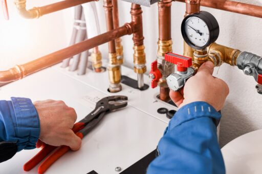 Plumbing,Concept,Or,Service,Water,Worker.,Copper,Pipeline,Of,A